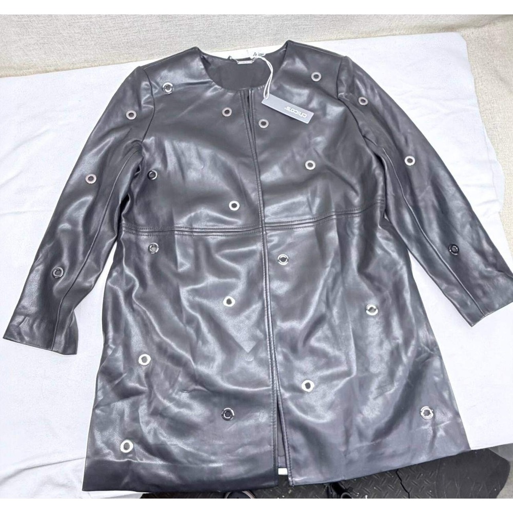 Chicos Faux Leather Grommet Topper Jacket Size 1.5P US 10P Gray Black New